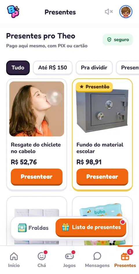 Lista de presentes no BabyParty, paga com Pix ou cartão