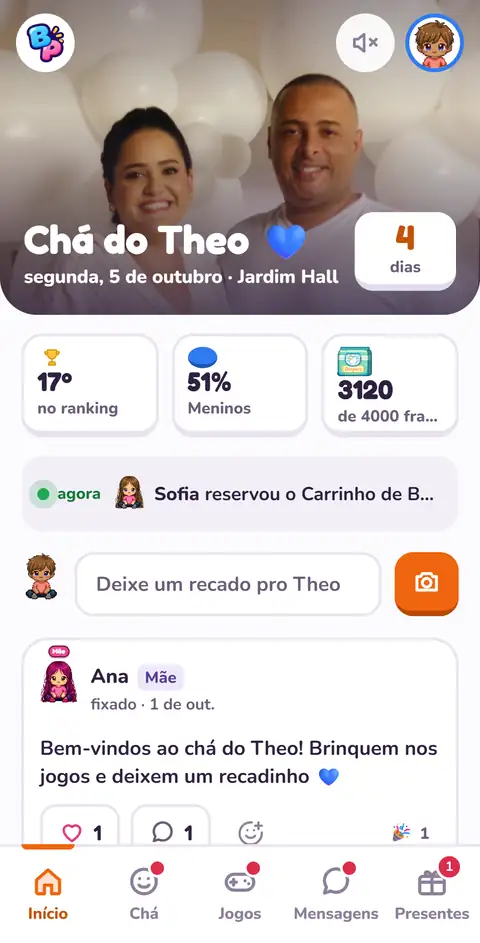 Tela inicial do chá com o total de fraldas doadas